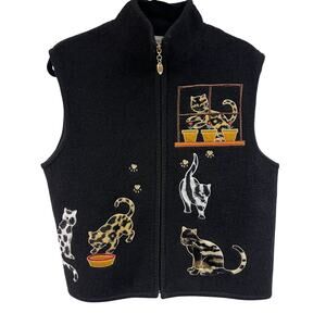 Vintage Women's LG Lisa International wool zip front vest applique Cats beaded